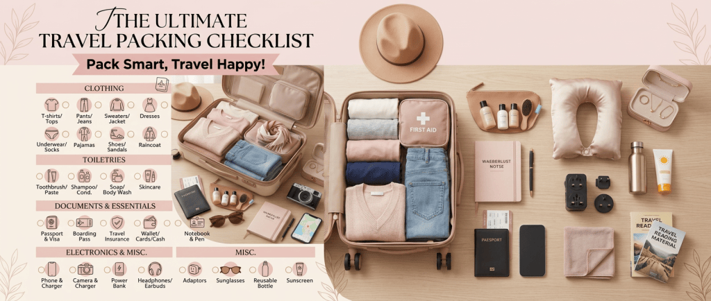 The Ultimate Travel Packing Checklist; Pack Smart, Travel Happy!; Clothing: T-shirts/Tops, Pants/Jeans, Sweaters/Jacket, Dresses, Underwear/Socks, Pajamas, Shoes/Sandals, Raincoat; Toiletries: Toothbrush/Paste, Shampoo/Cond., Soap/Body Wash, Skincare; Documents & Essentials: Passport & Visa, Boarding Pass, Travel Insurance, Wallet/Cards/Cash, Notebook & Pen; Electronics & Misc.: Phone & Charger, Camera & Charger, Power Bank, Headphones/Earbuds, Adapters, Sunglasses, Reusable Bottle, Sunscreen