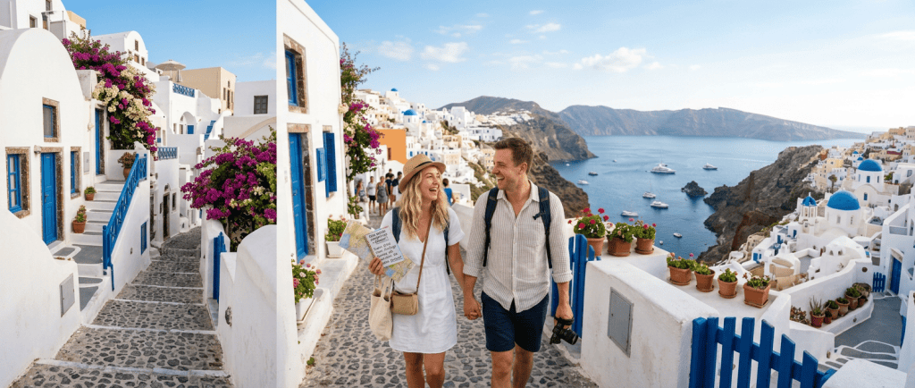 Couple walking hand in hand through Santorini with map and camera
