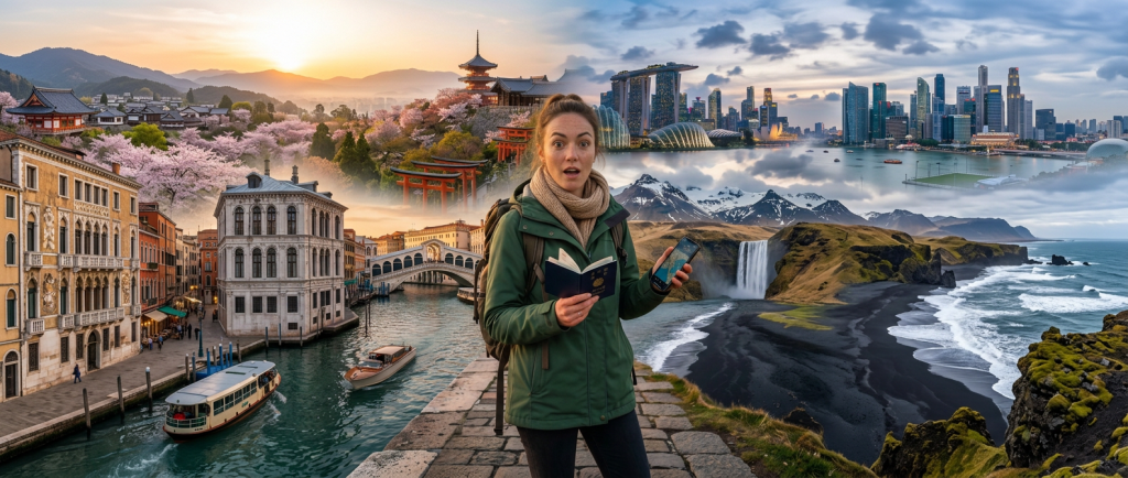 Smiling traveler holding a guidebook and phone before global travel landmarks
