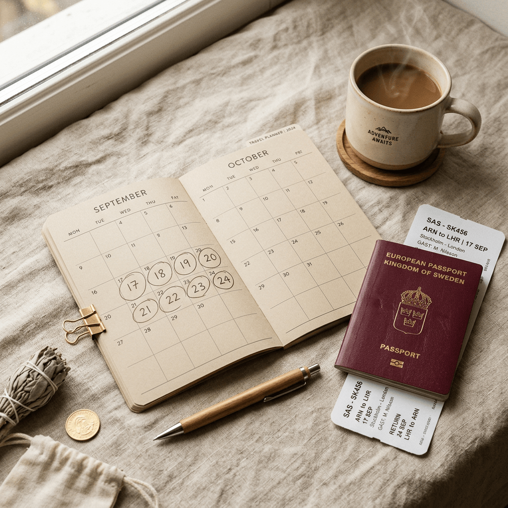 Open September and October calendar beside Swedish passport, boarding passes, pen, and coffee