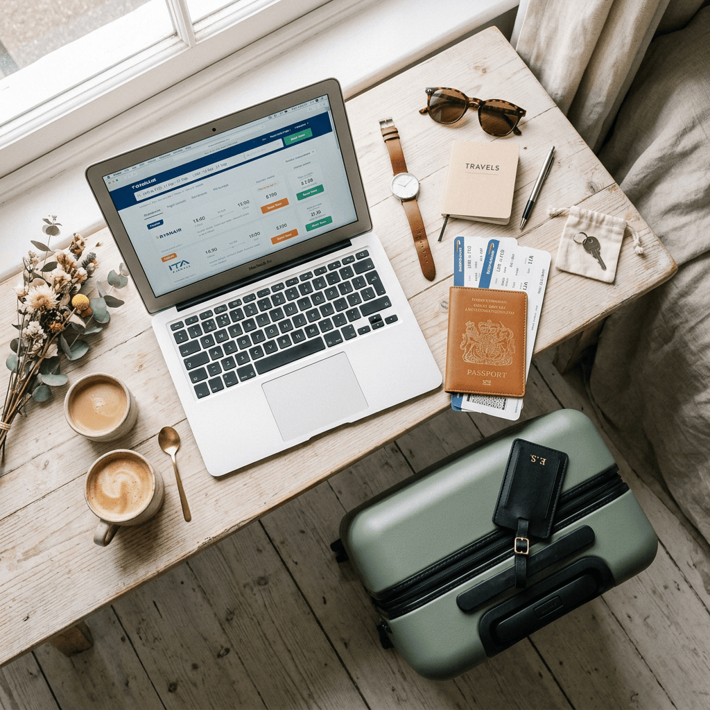 Laptop displaying flight options beside passport, tickets, coffee, and suitcase
