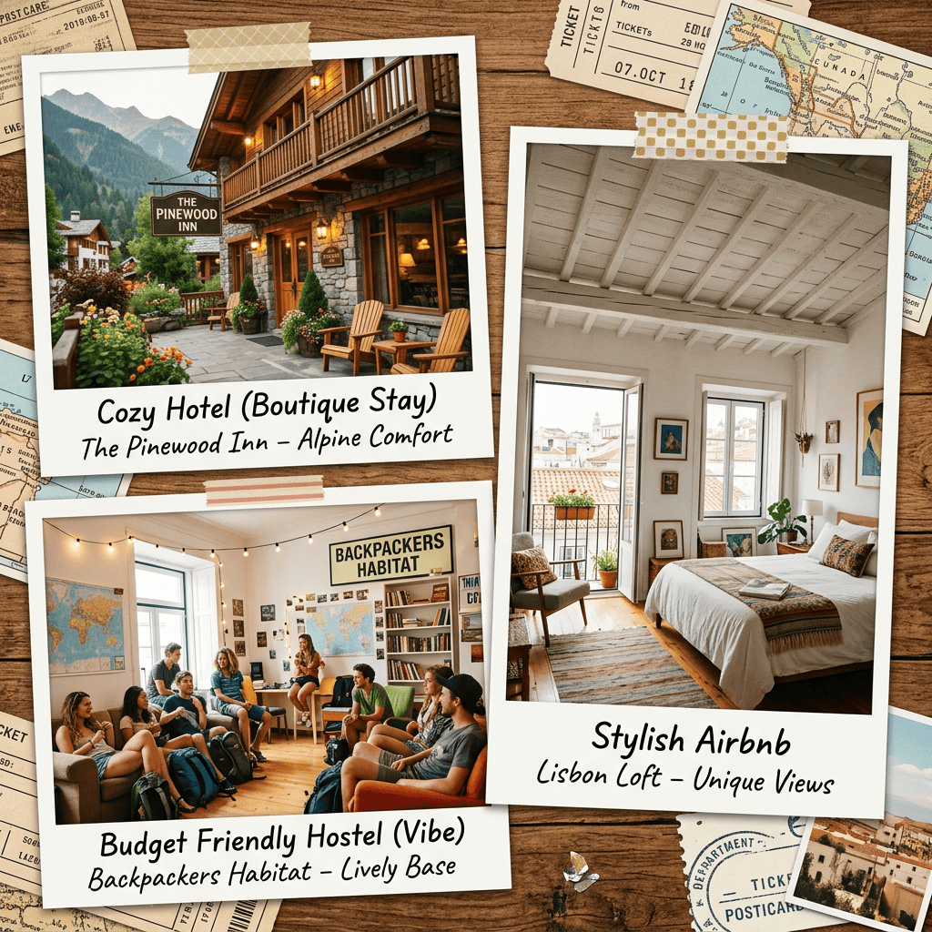 Collage featuring Pinewood Inn, Backpackers Habitat hostel, and Lisbon loft Airbnb