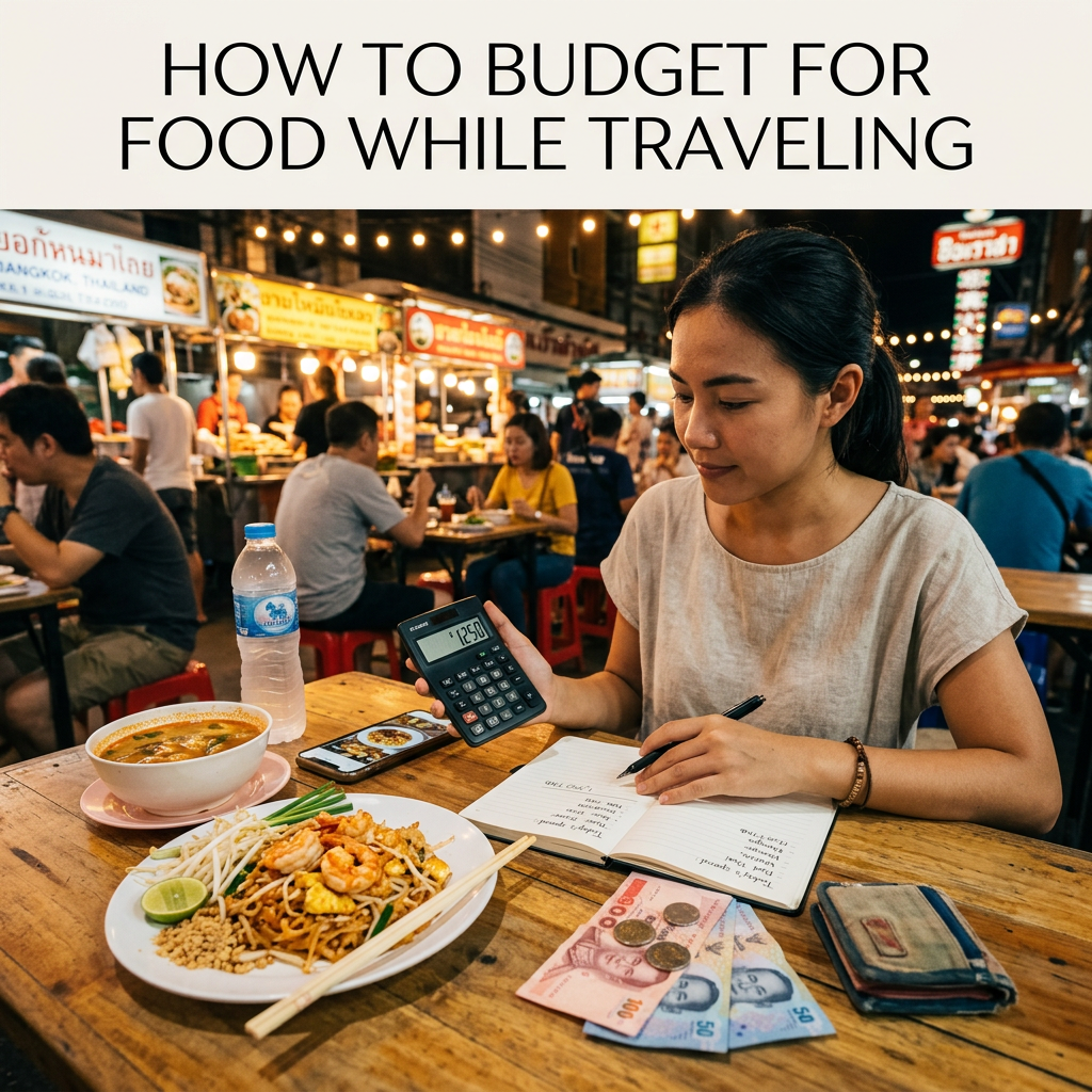 Budget-friendly travel food with calculator and money