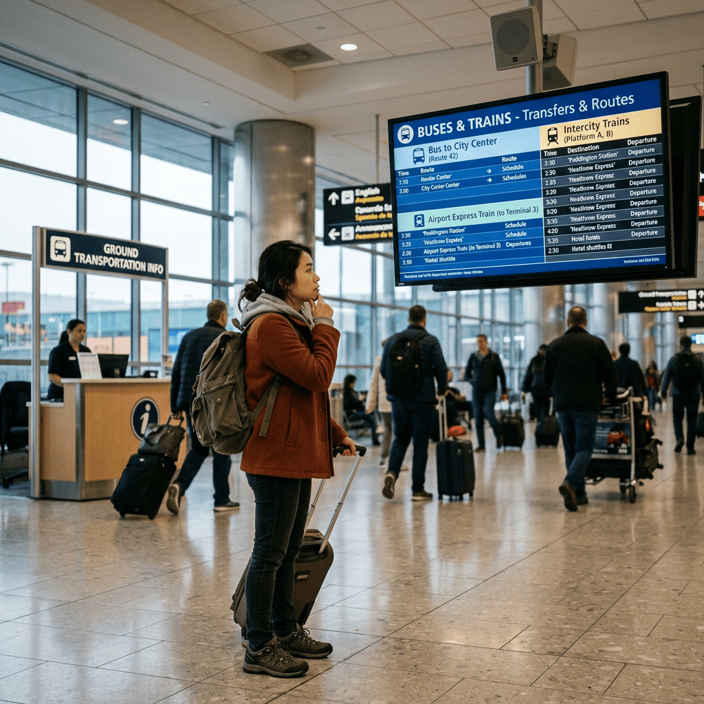 Traveler checking bus and train transfers at airport