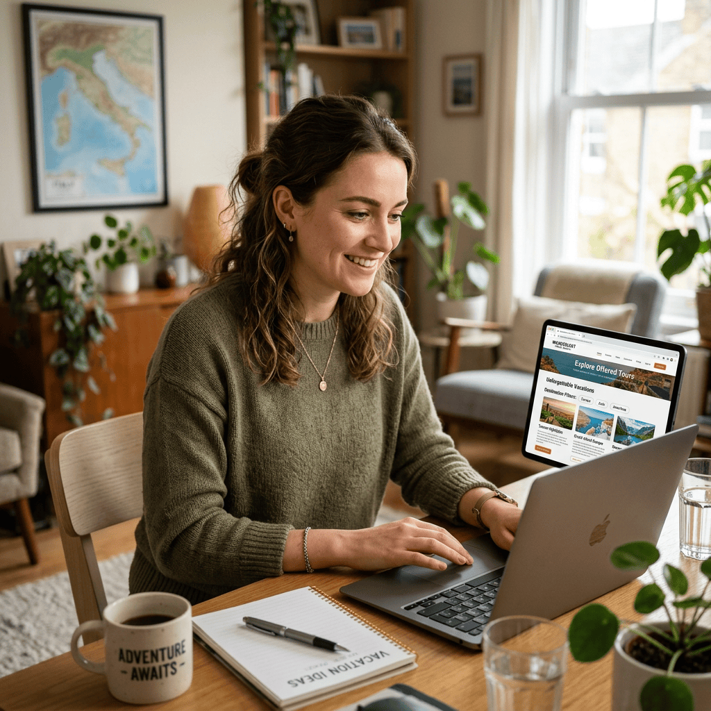 Woman browsing travel agency tours for vacation planning