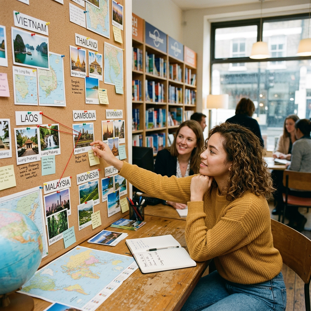 Student points to a Southeast Asia travel board labeled Vietnam, Thailand, Laos, and Cambodia