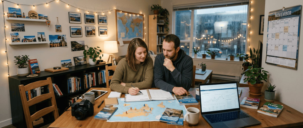Couple planning a trip with maps, calendars, and travel books