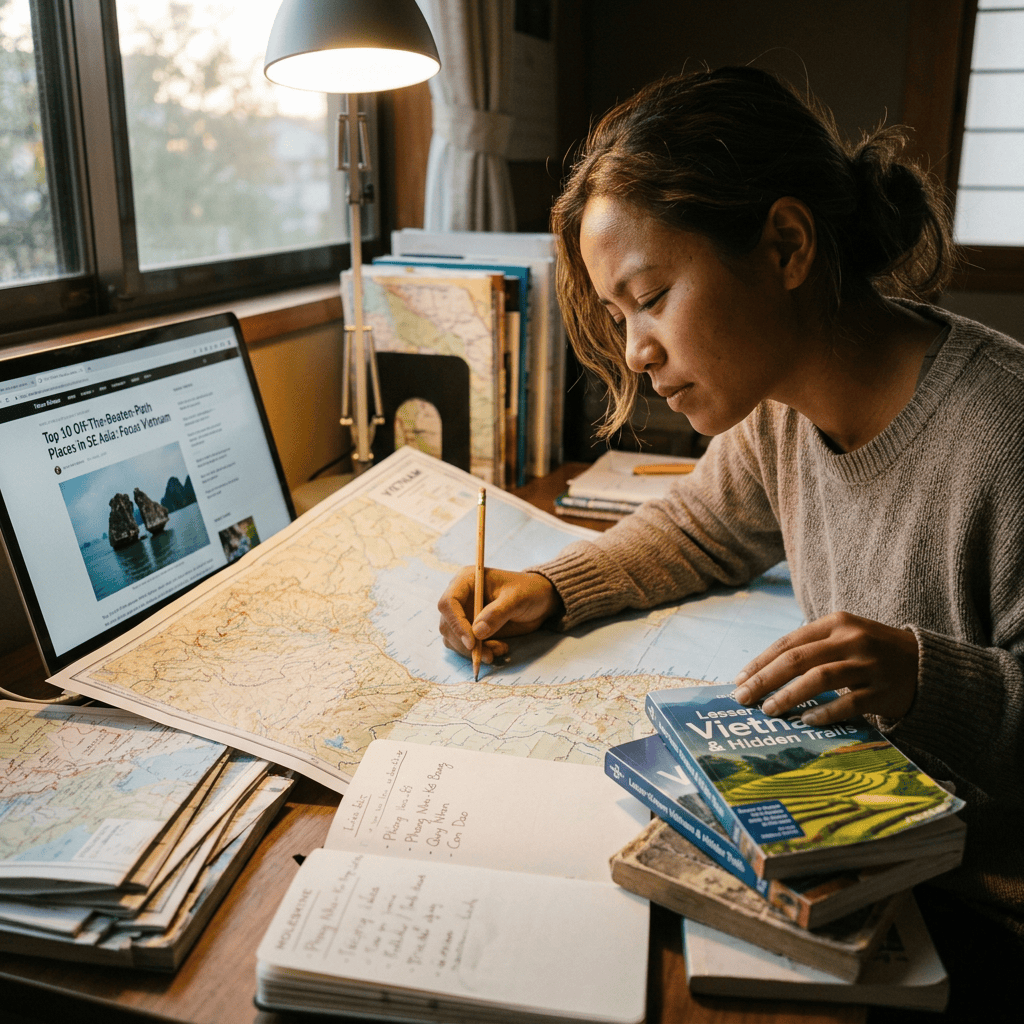 Traveler marking a map beside guidebooks and a laptop showing Southeast Asia destinations