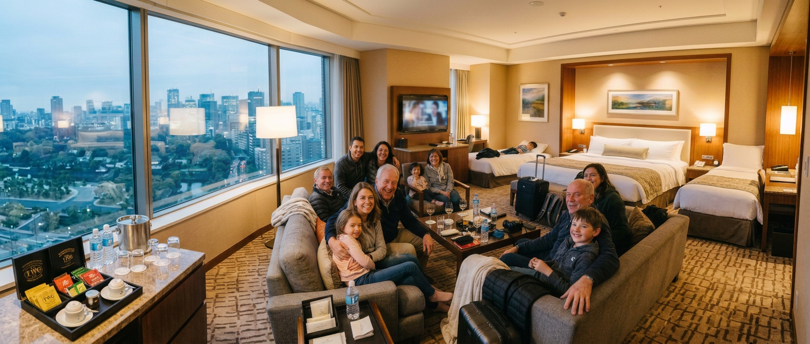 Large family group relaxing together in a hotel suite
