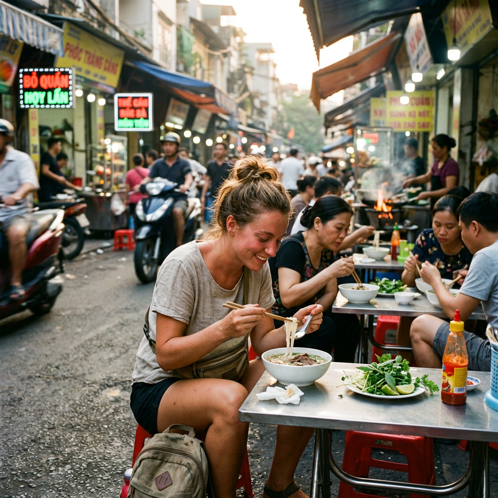 Diners eating noodles at a busy Vietnamese street food market