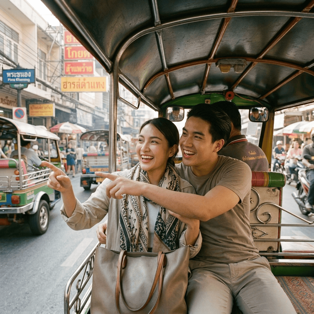 Traveler checking her phone inside a Bangkok tuk-tuk