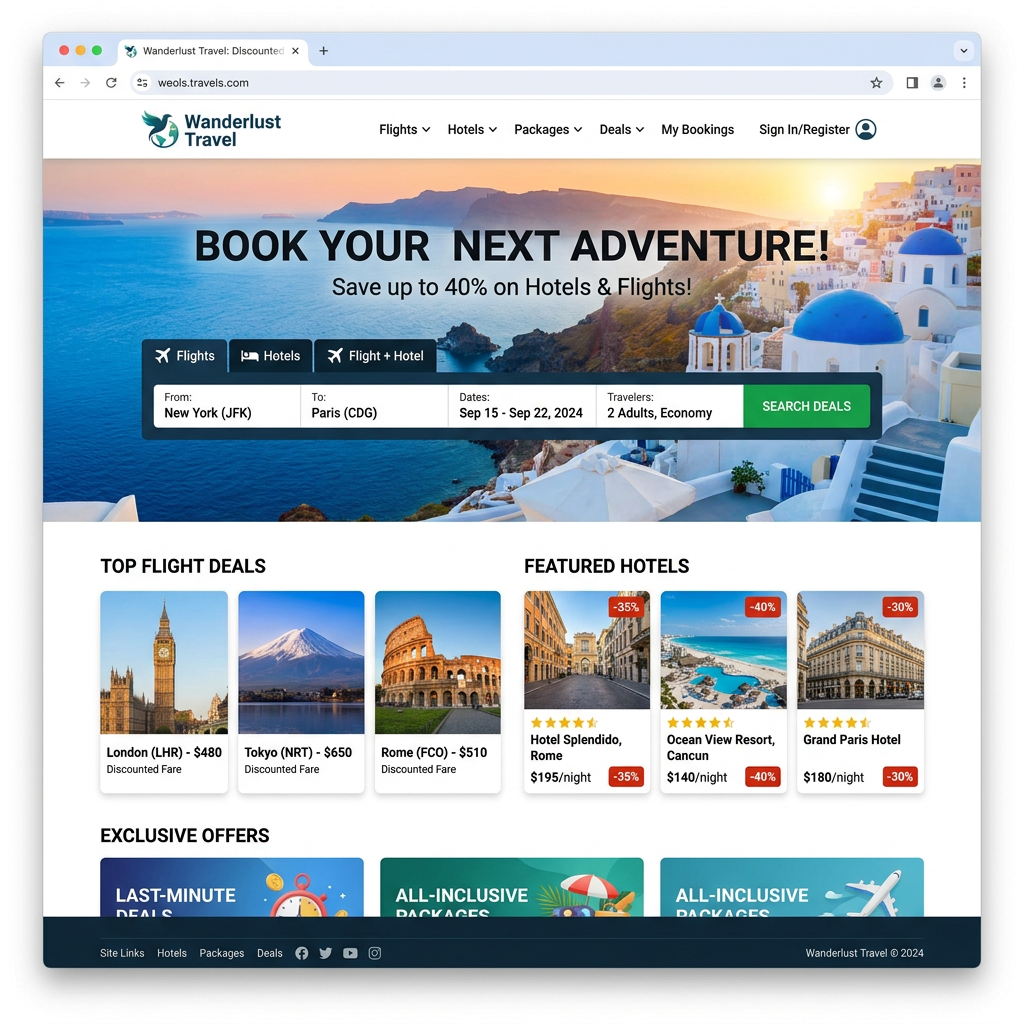 Wanderlust Travel homepage with “Book Your Next Adventure” and travel deals