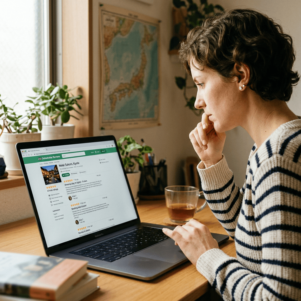 Person reviewing Kyoto hotel listings on a laptop at home