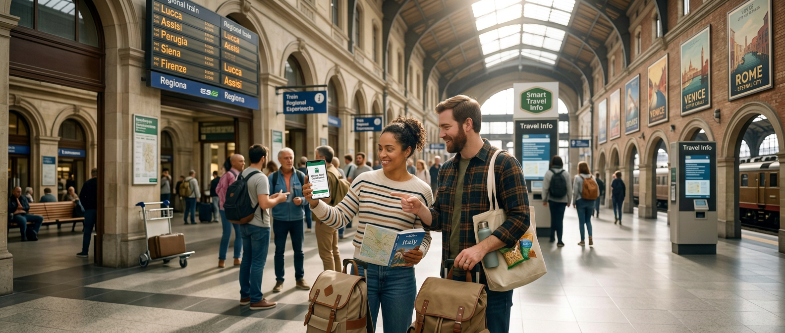 Travelers in a train station beside signs reading “Affordable Is About Smart Choices” and “Regional Train: €15 High Speed: €65.”